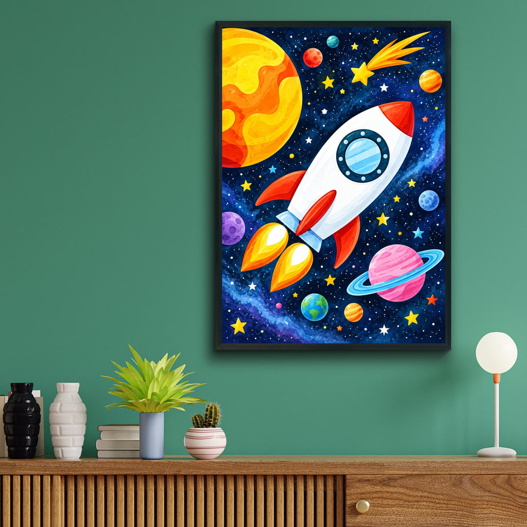 Space Rocket Kids Wall Art, Colorful Galaxy Poster, Planets Stars (Print)