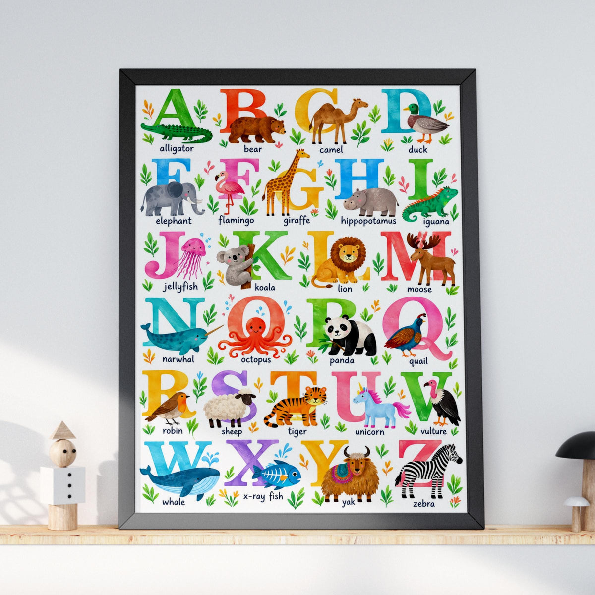 Animal Alphabet Poster, Watercolor Kids Wall Art, A-Z Learning Chart (Print)