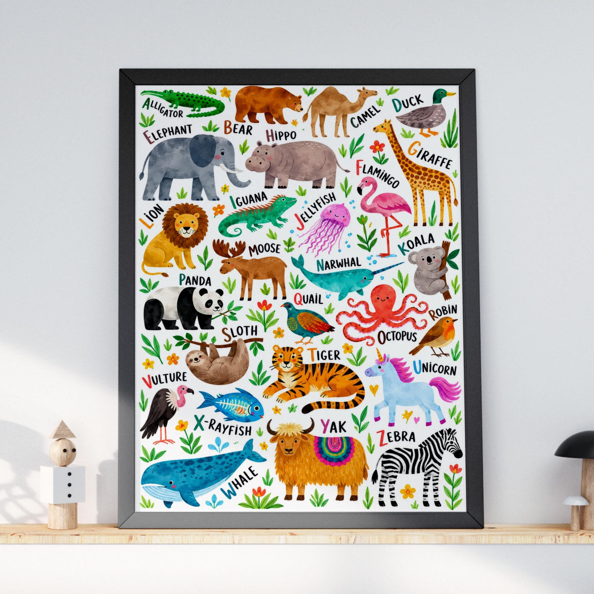 Watercolor Animal Alphabet Poster, Kids ABC Wall Art, Educational Safari Print