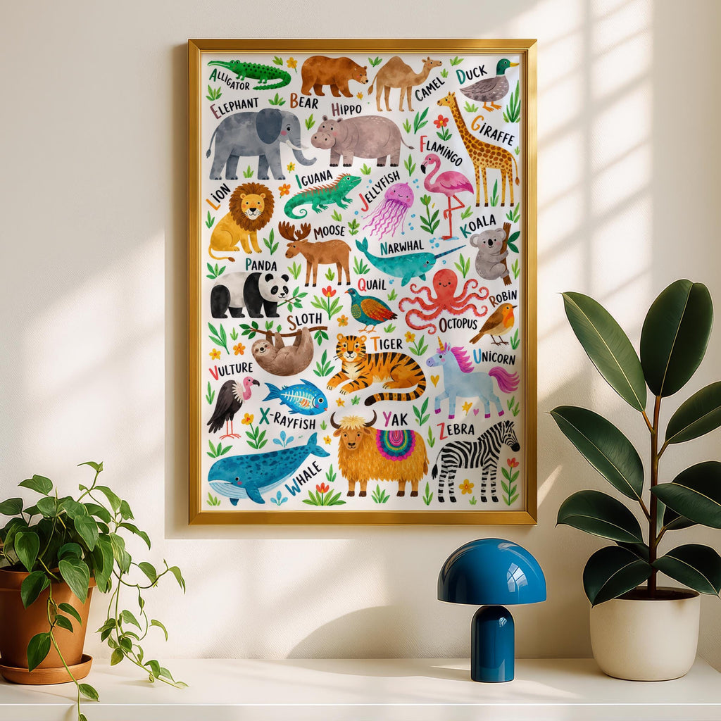 Watercolor Animal Alphabet Poster, Kids ABC Wall Art, Educational Safari Print