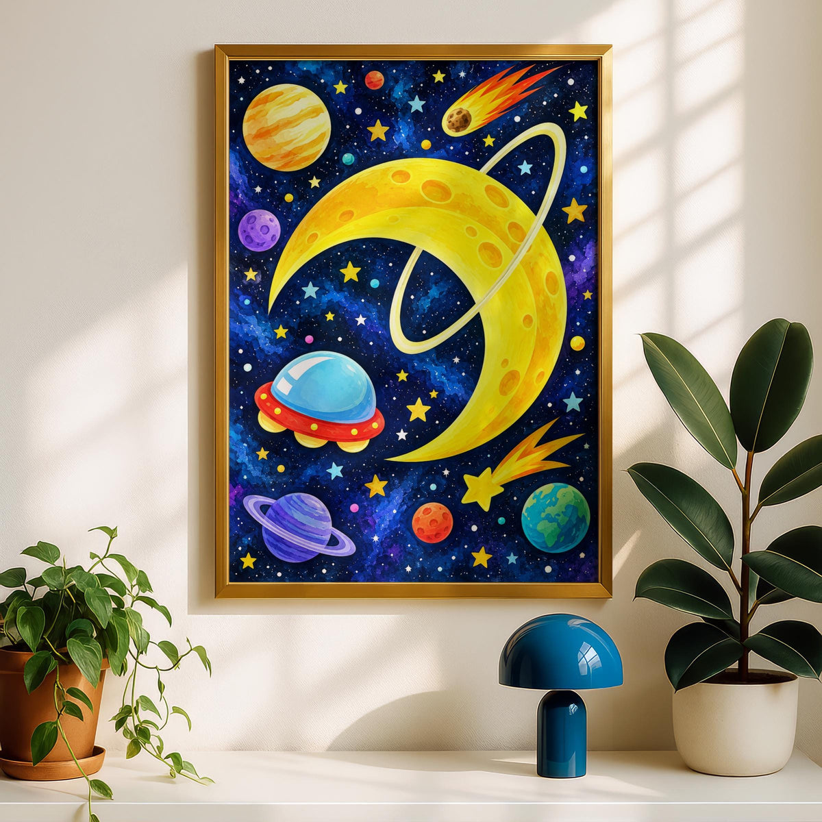 Golden Crescent Moon Space Poster, Colorful Planets, UFO, Stars (Printed)