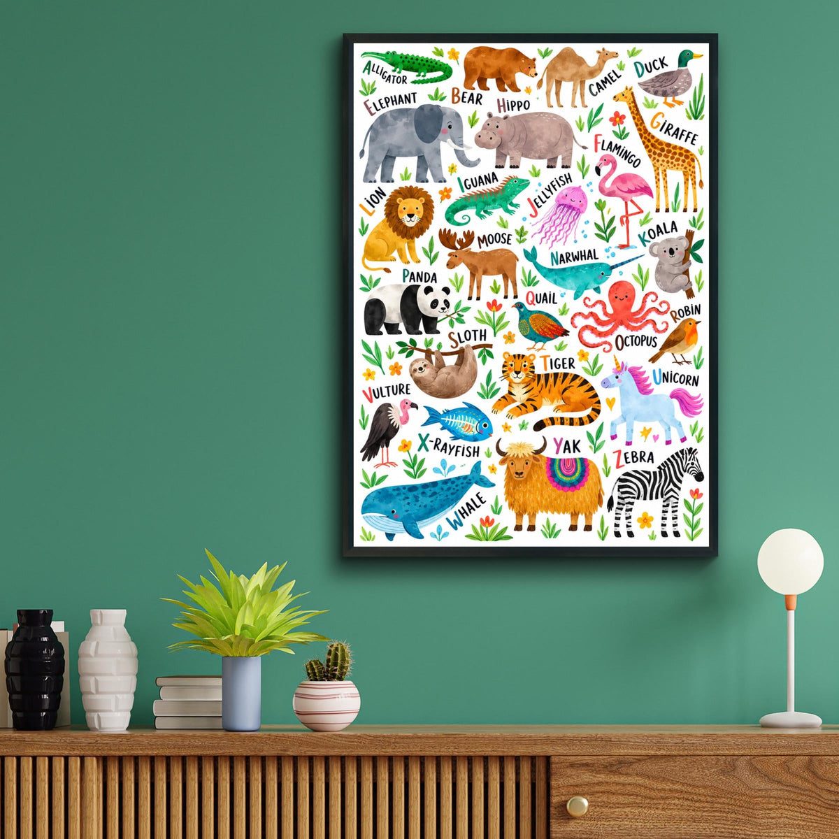 Watercolor Animal Alphabet Poster, Kids ABC Wall Art, Educational Safari Print