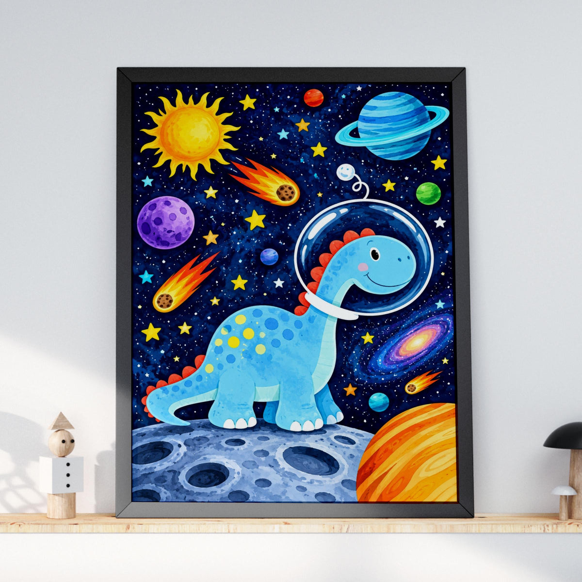 Blue Dinosaur Astronaut Space Poster, Kids Bedroom Wall Art, Watercolor Galaxy Print (Digital Download)