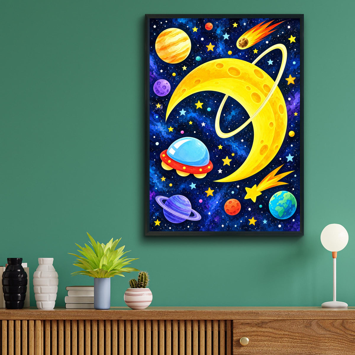 Golden Crescent Moon Space Poster, Colorful Planets, UFO, Stars (Printed)