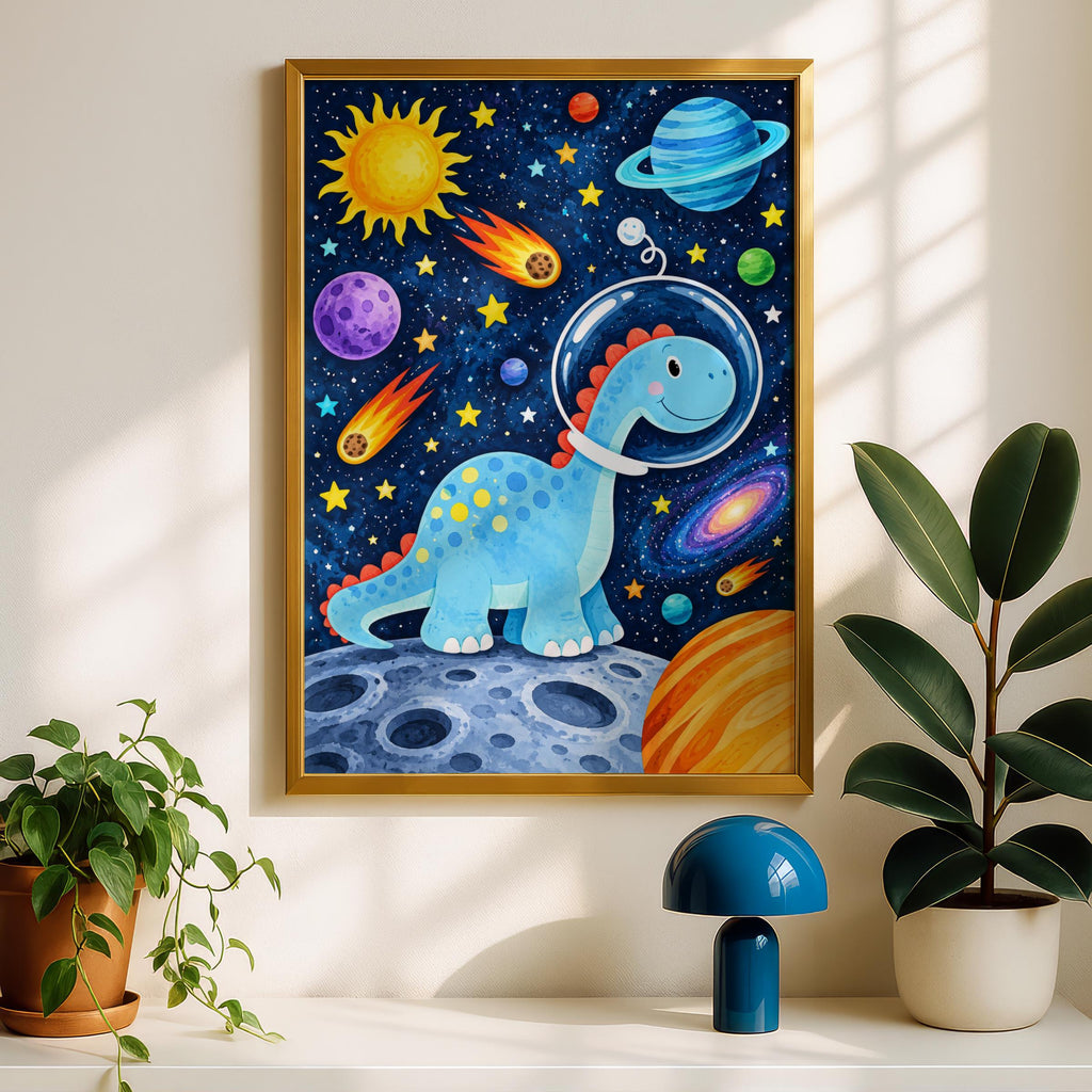 Blue Dinosaur Astronaut Space Poster, Kids Bedroom Wall Art, Watercolor Galaxy Print (Digital Download)