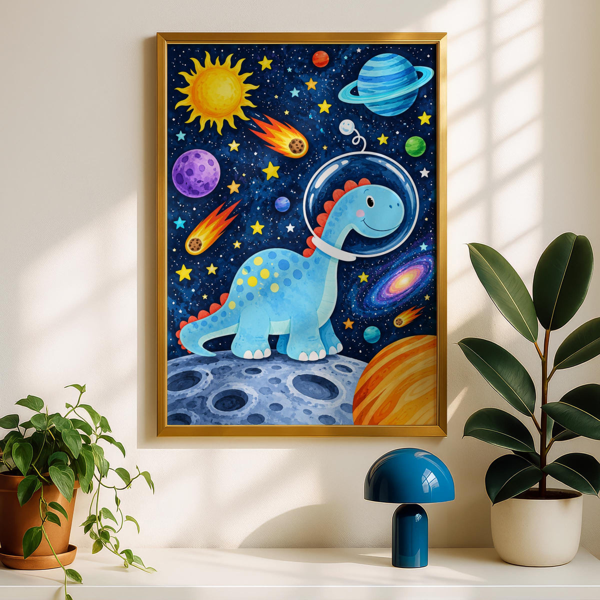 Blue Dinosaur Astronaut Space Poster, Kids Bedroom Wall Art, Watercolor Galaxy Print (Digital Download)