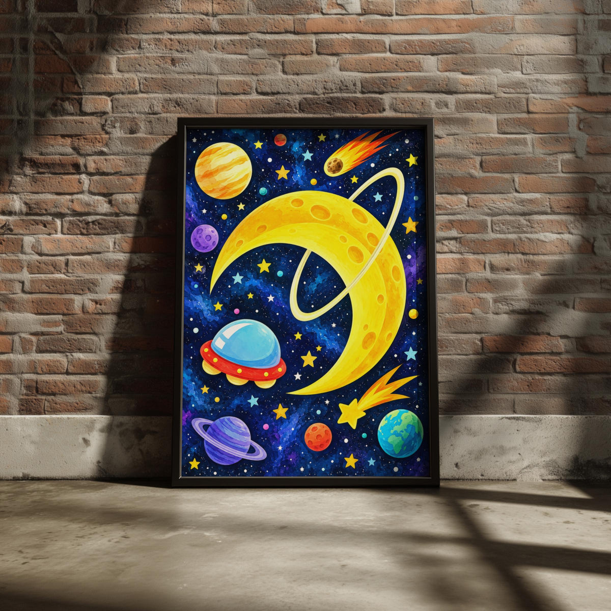 Golden Crescent Moon Space Poster, Colorful Planets, UFO, Stars (Printed)
