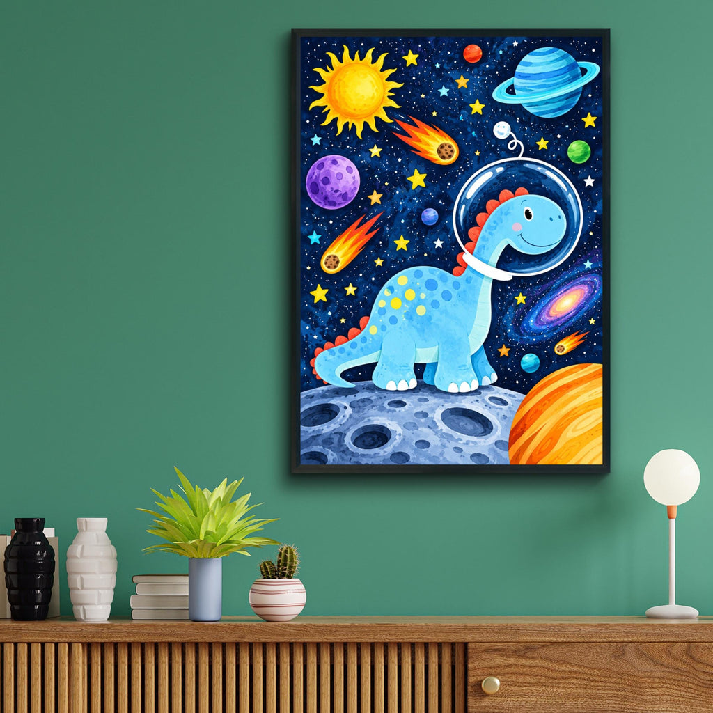 Blue Dinosaur Astronaut Space Poster, Kids Bedroom Wall Art, Watercolor Galaxy Print (Digital Download)