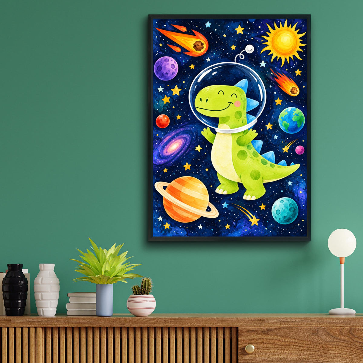 Astronaut Dinosaur Galaxy Print, Colorful Planets, Stars, Kids Wall Art (Ready to Frame)