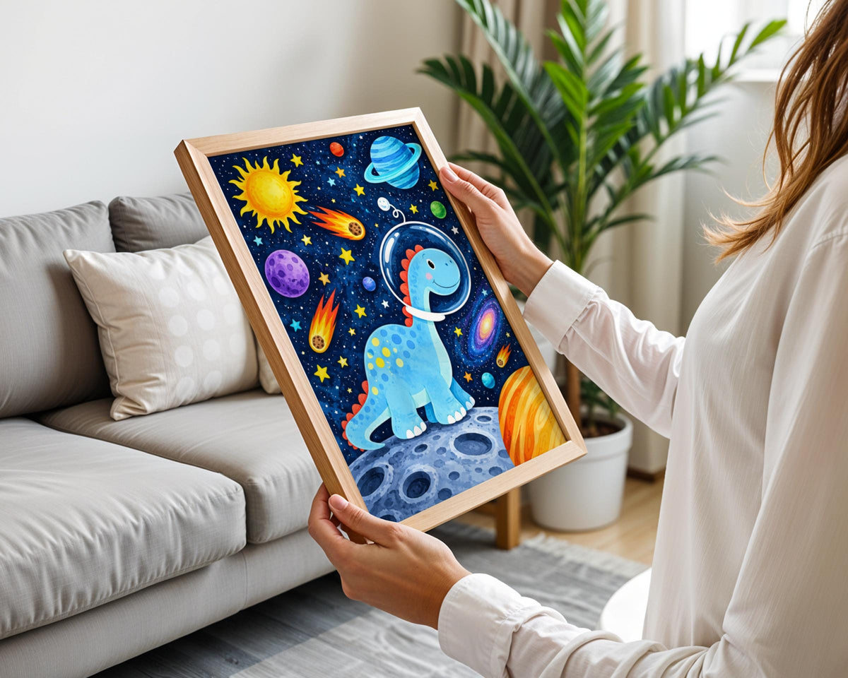 Blue Dinosaur Astronaut Space Poster, Kids Bedroom Wall Art, Watercolor Galaxy Print (Digital Download)