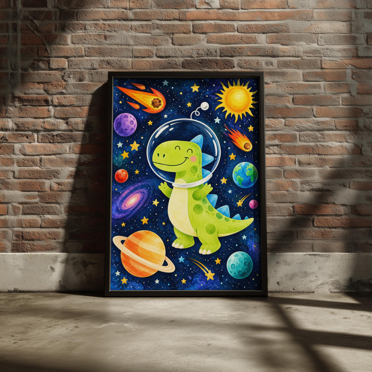 Astronaut Dinosaur Galaxy Print, Colorful Planets, Stars, Kids Wall Art (Ready to Frame)