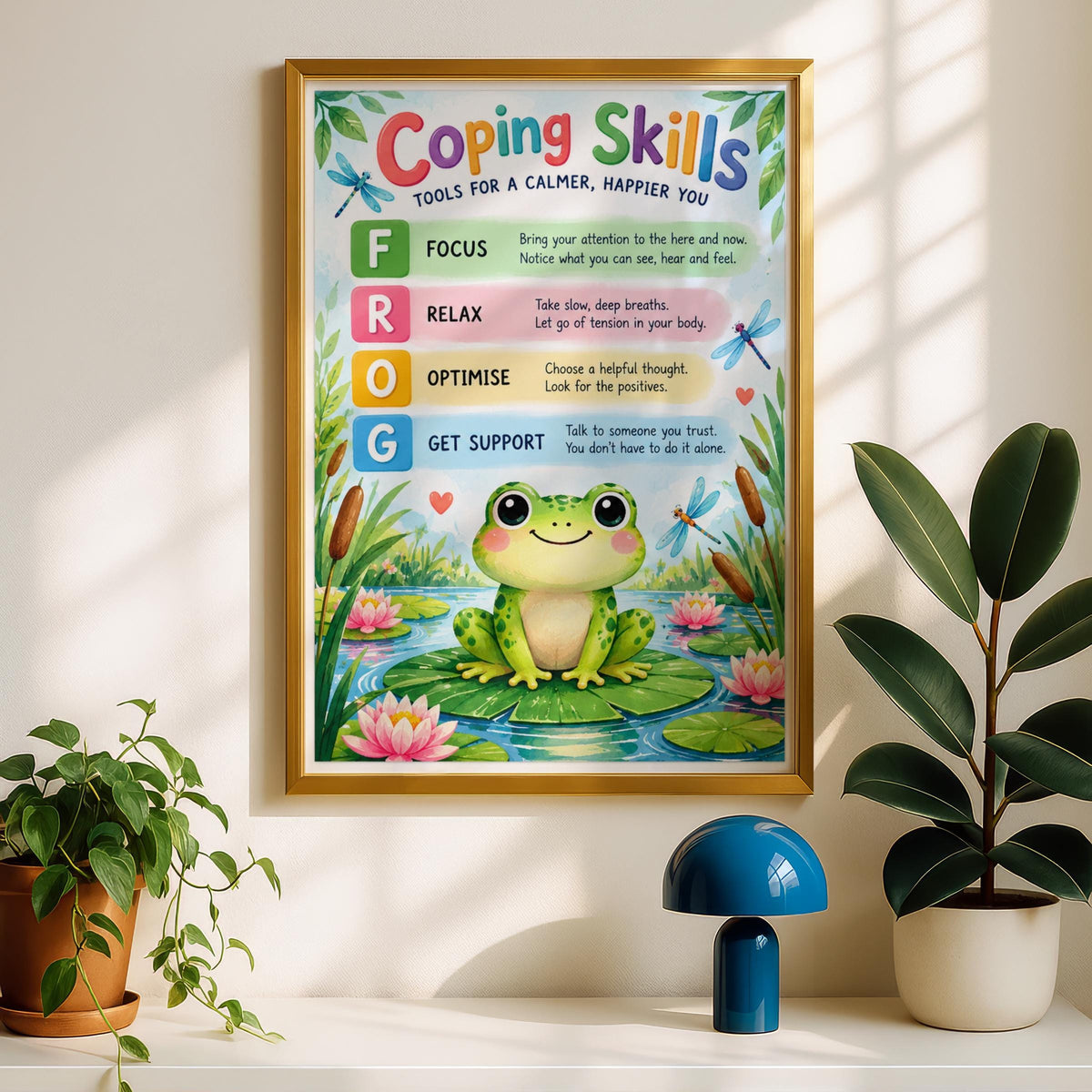 Coping Skills FROG Poster, Kids Mental Health Wall Art, Classroom Mindfulness Print