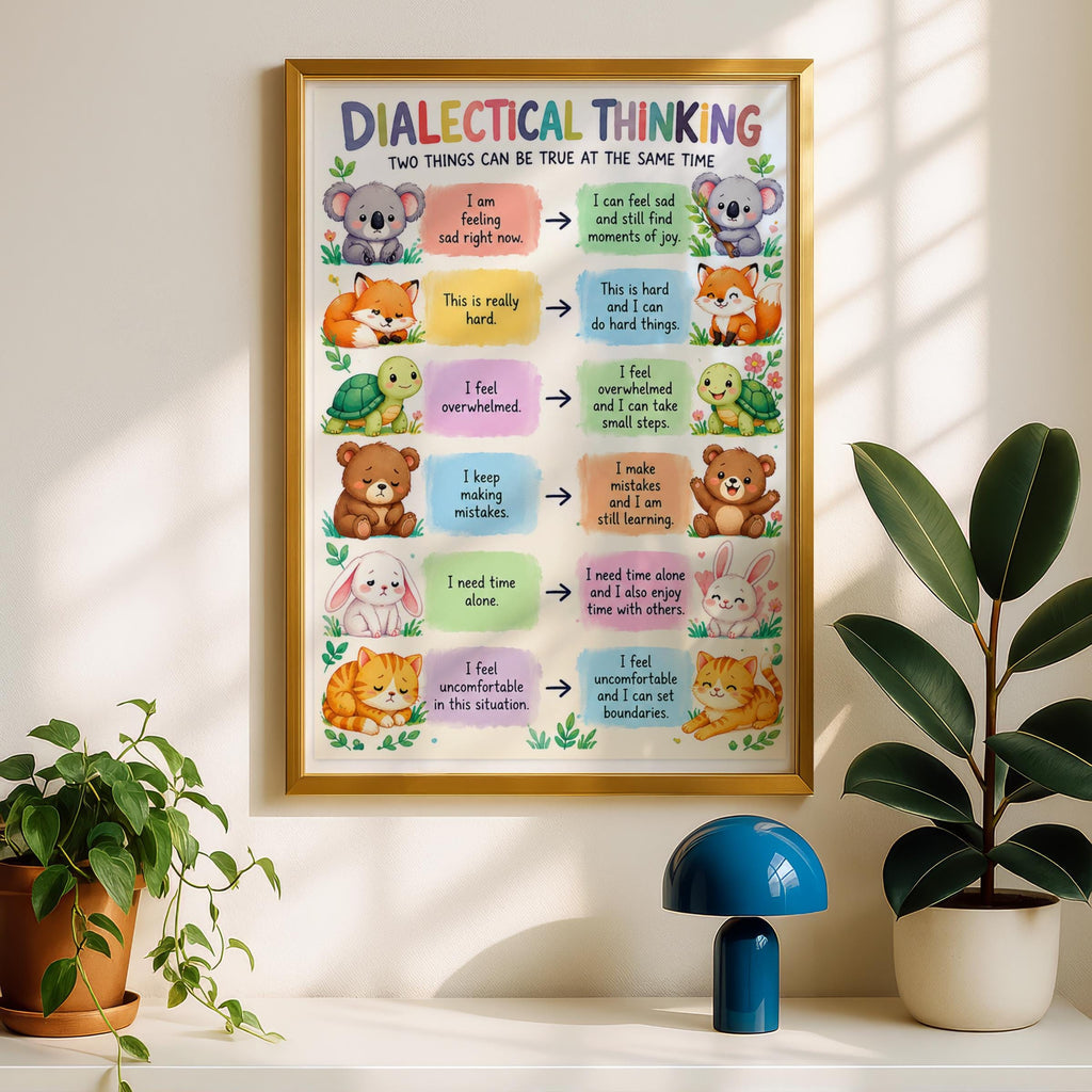 Dialectical Thinking Kids Poster, Cute Animal DBT Wall Art, Classroom Growth Mindset Print