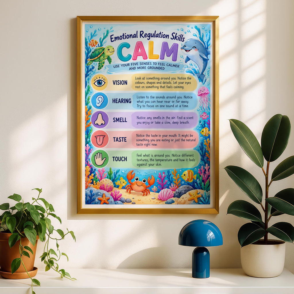 Emotional Regulation CALM Poster, Five Senses Kids Mindfulness Wall Art Print