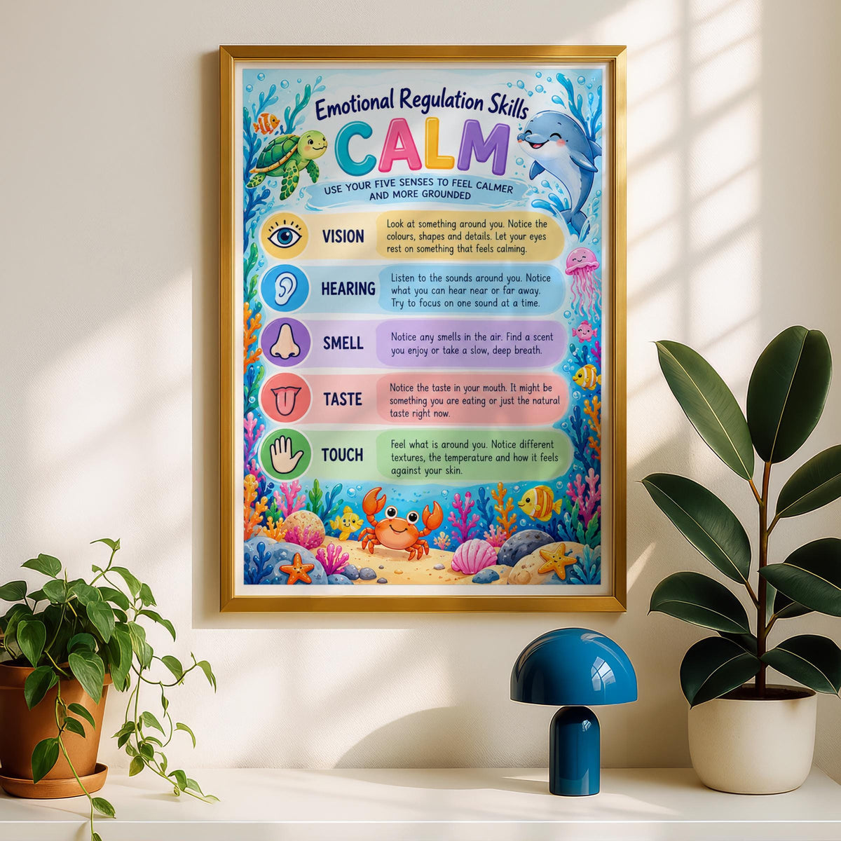 Emotional Regulation CALM Poster, Five Senses Kids Mindfulness Wall Art Print