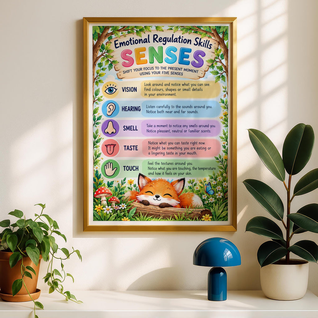 Emotional Regulation Senses Poster, Five Senses Kids Wall Art, Woodland Mindfulness Print