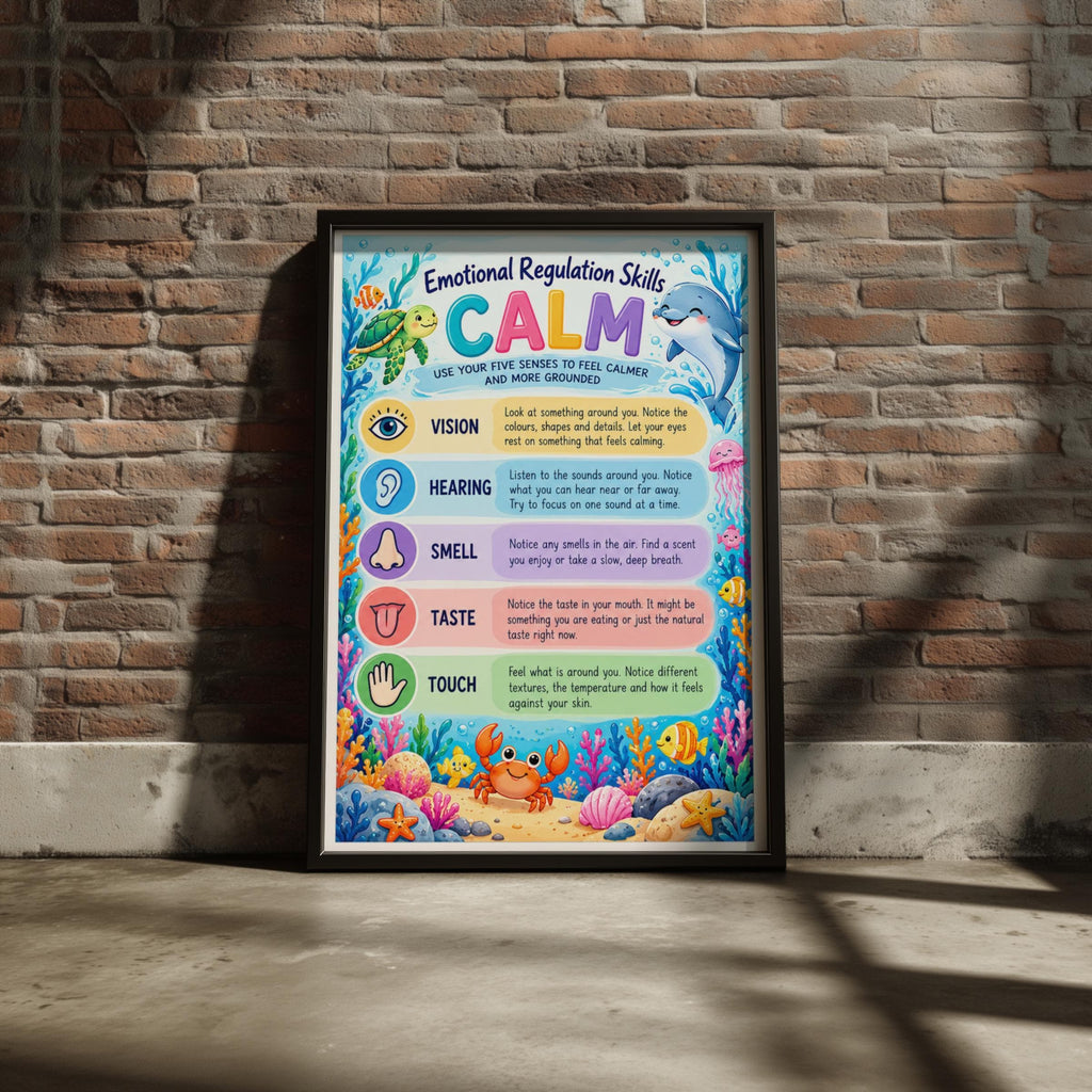 Emotional Regulation CALM Poster, Five Senses Kids Mindfulness Wall Art Print