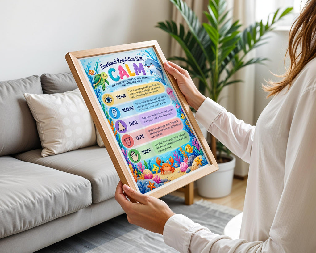 Emotional Regulation CALM Poster, Five Senses Kids Mindfulness Wall Art Print