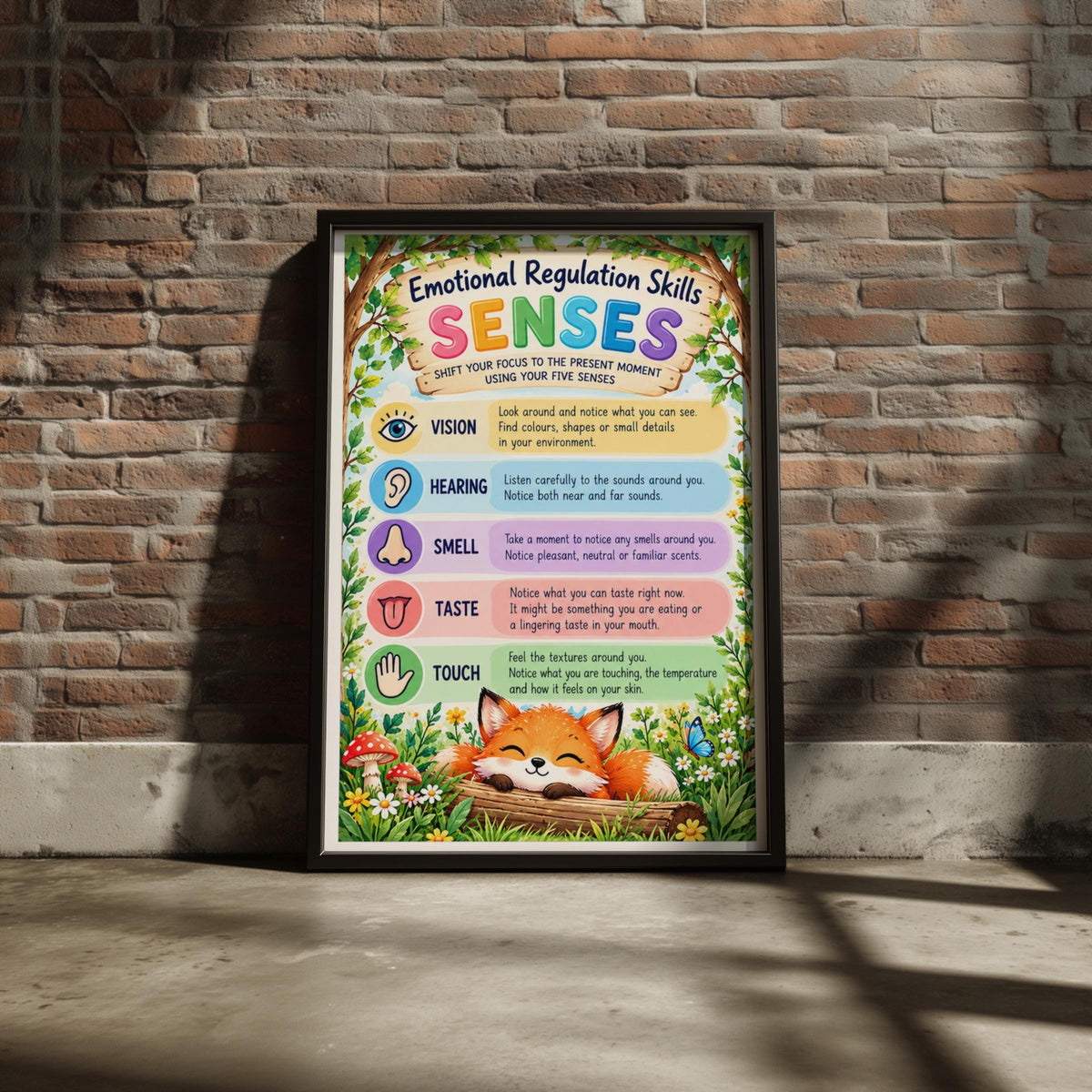 Emotional Regulation Senses Poster, Five Senses Kids Wall Art, Woodland Mindfulness Print