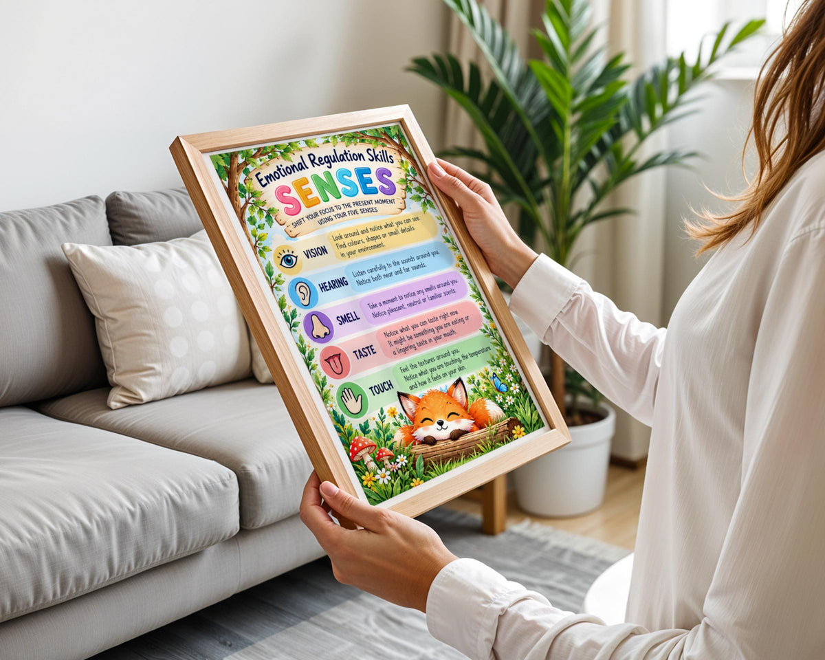 Emotional Regulation Senses Poster, Five Senses Kids Wall Art, Woodland Mindfulness Print