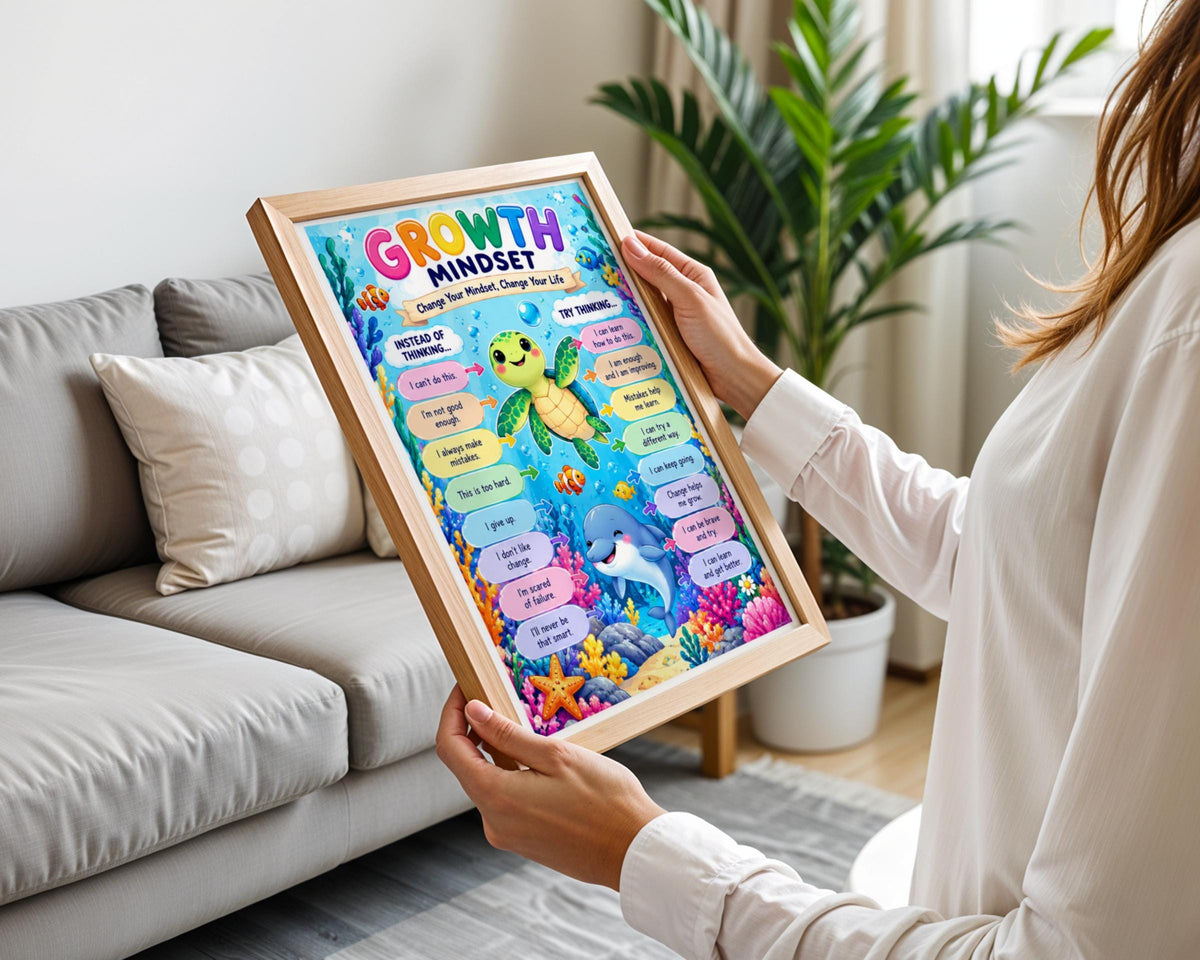 Growth Mindset Ocean Animals Poster, Kids Classroom Wall Art, Colourful Children Print