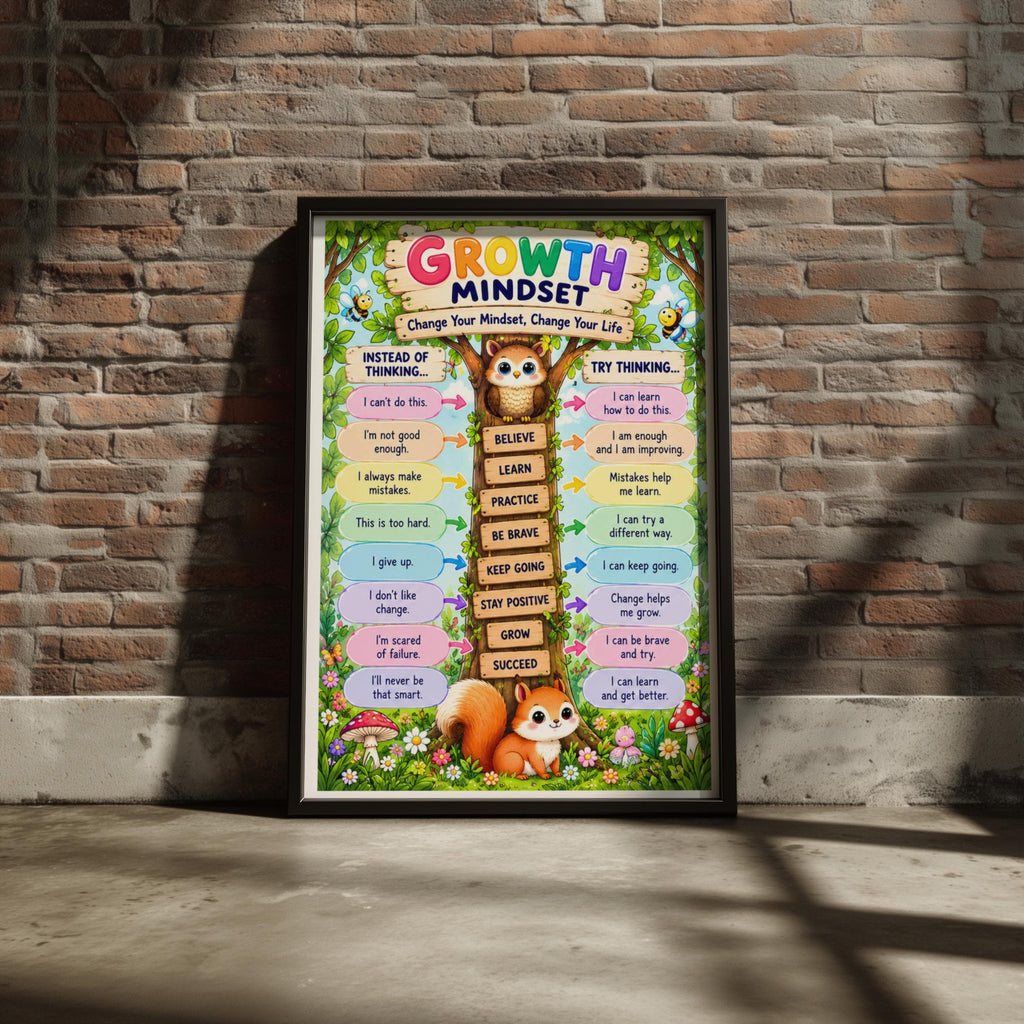 Growth Mindset Poster, Woodland Animals Kids Wall Art, Classroom Motivational Print