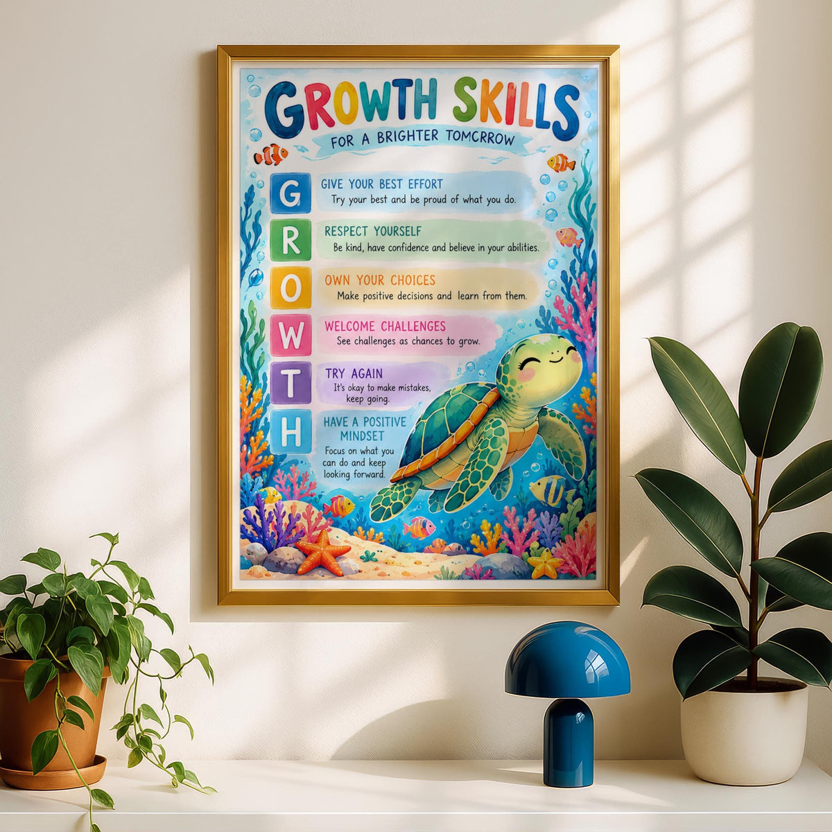 Growth Mindset Turtle Poster, Kids Classroom Wall Art, Colourful Ocean Print for Children