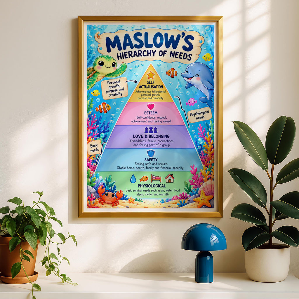 Maslow's Hierarchy of Needs Ocean Poster, Kids Classroom Psychology Wall Art Print