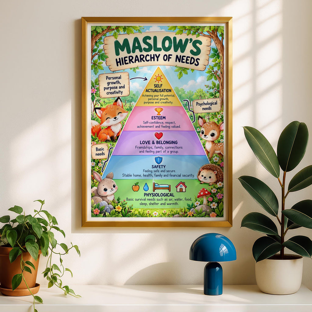 Maslow's Hierarchy of Needs Poster, Woodland Animals Wall Art, Kids Psychology Print