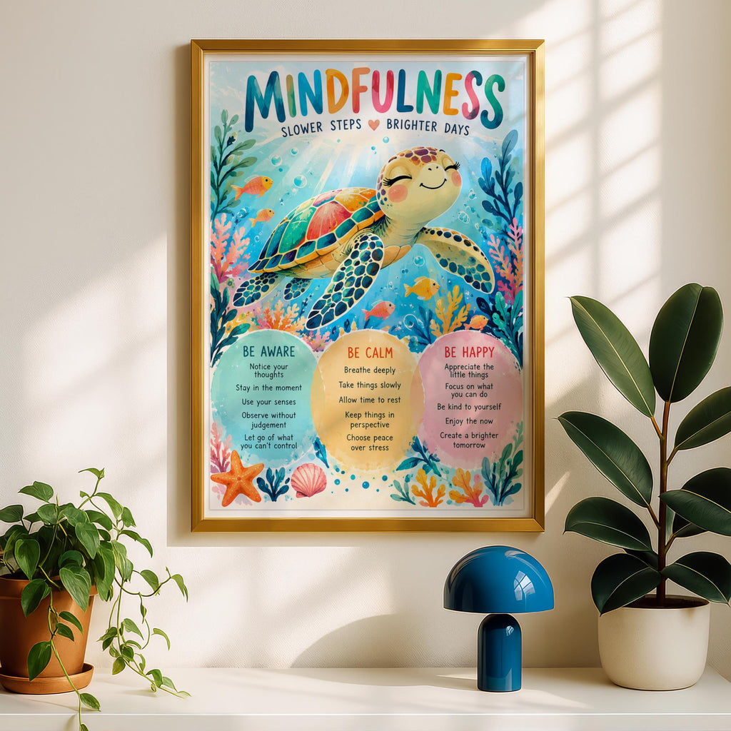 Mindfulness Sea Turtle Poster, Colourful Ocean Wall Art, Kids Calm Corner Print