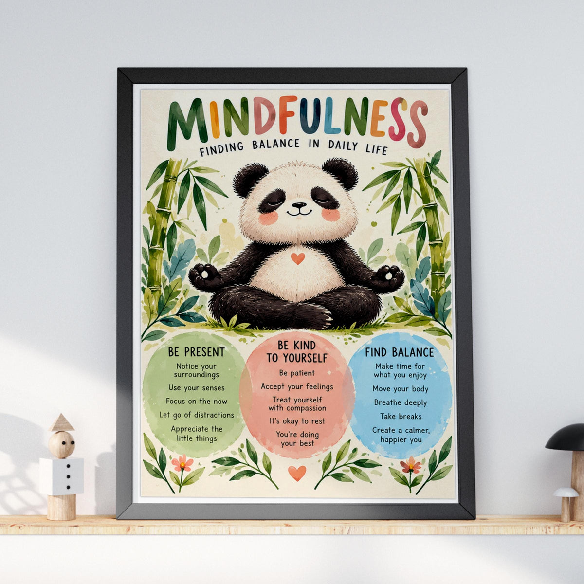 Mindfulness Panda Poster, Cute Meditation Wall Art, Kids Calm Corner Print, Wellbeing