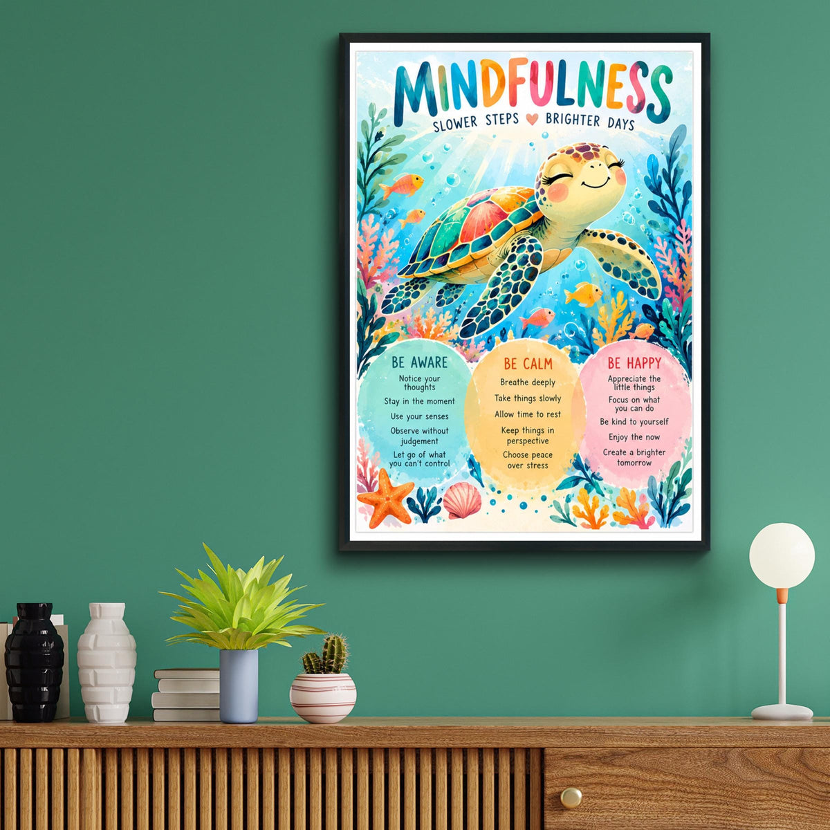 Mindfulness Sea Turtle Poster, Colourful Ocean Wall Art, Kids Calm Corner Print