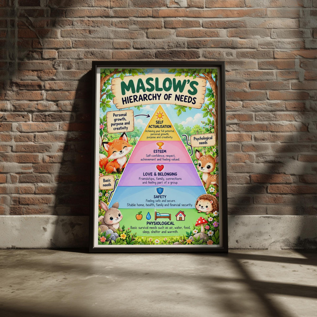 Maslow's Hierarchy of Needs Poster, Woodland Animals Wall Art, Kids Psychology Print