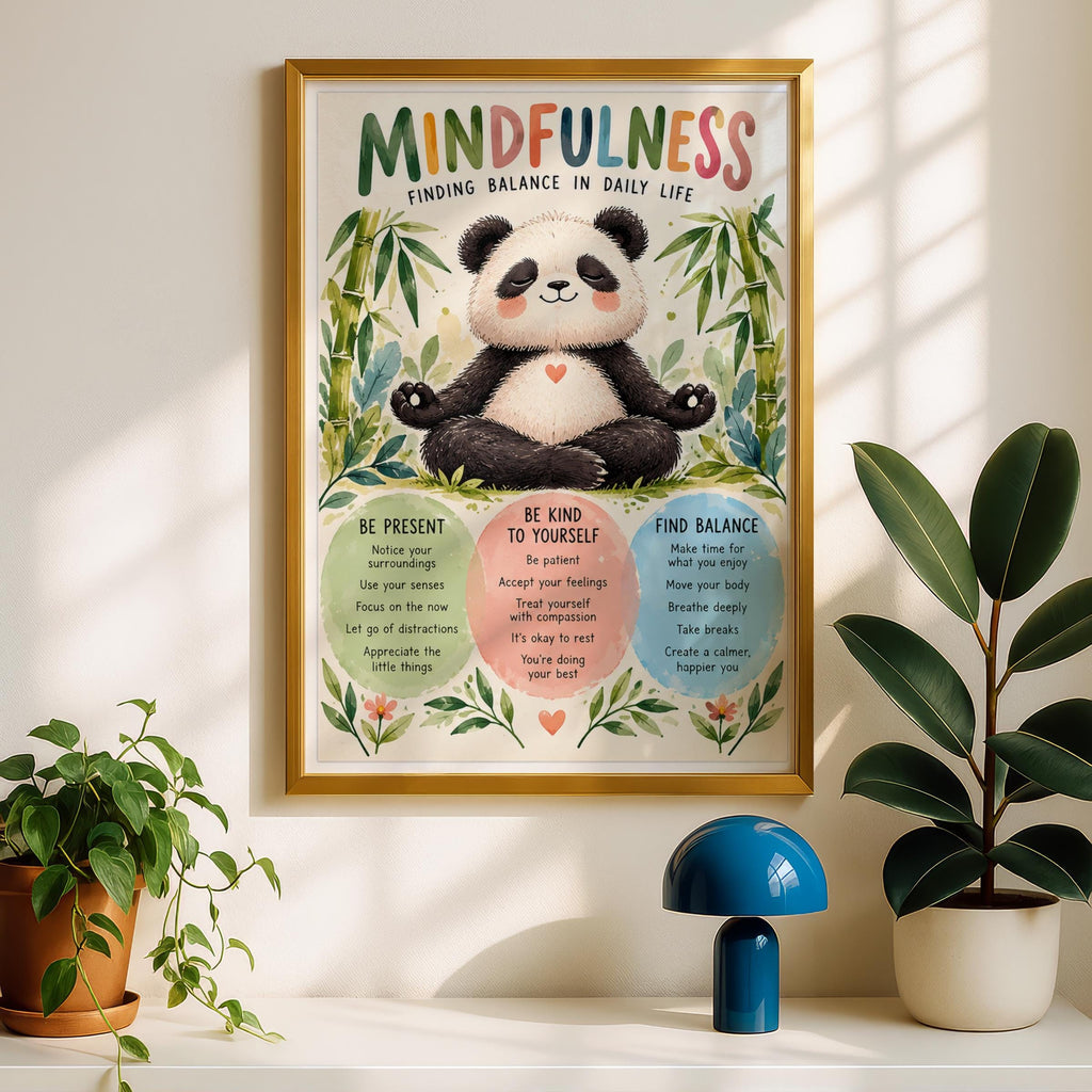 Mindfulness Panda Poster, Cute Meditation Wall Art, Kids Calm Corner Print, Wellbeing