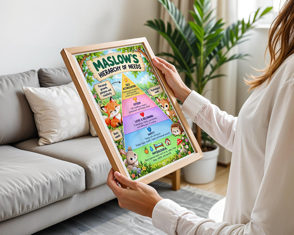 Maslow's Hierarchy of Needs Poster, Woodland Animals Wall Art, Kids Psychology Print