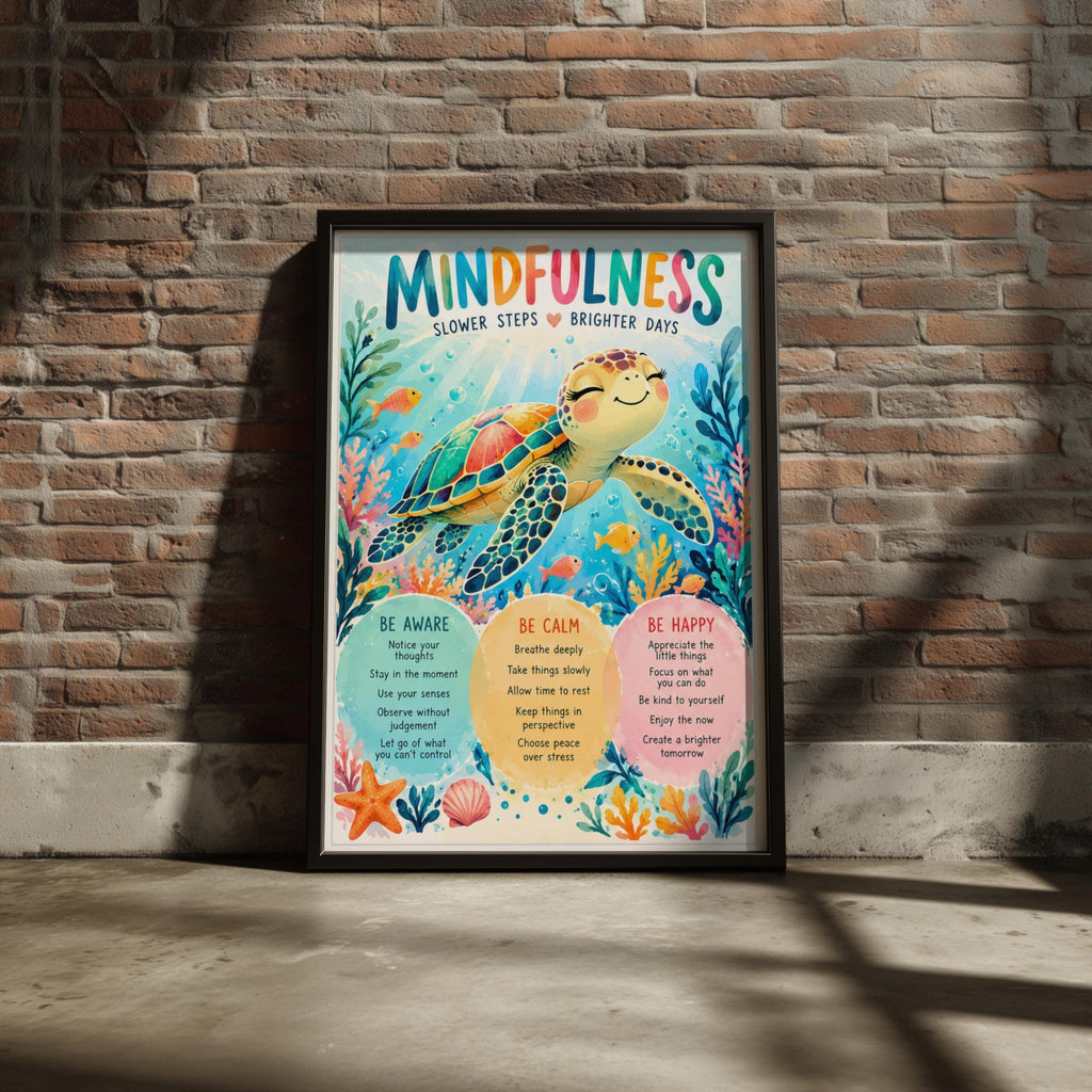 Mindfulness Sea Turtle Poster, Colourful Ocean Wall Art, Kids Calm Corner Print