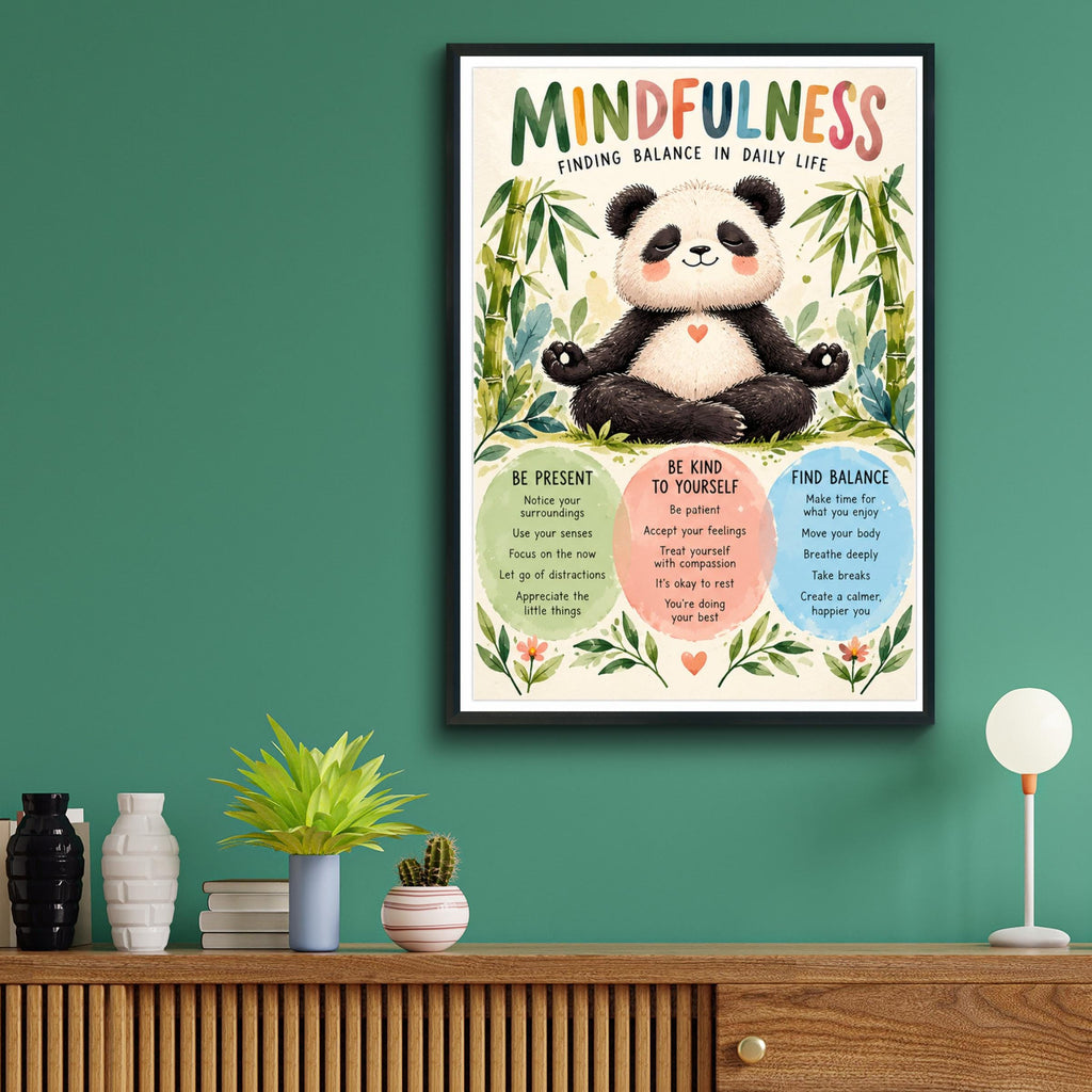Mindfulness Panda Poster, Cute Meditation Wall Art, Kids Calm Corner Print, Wellbeing