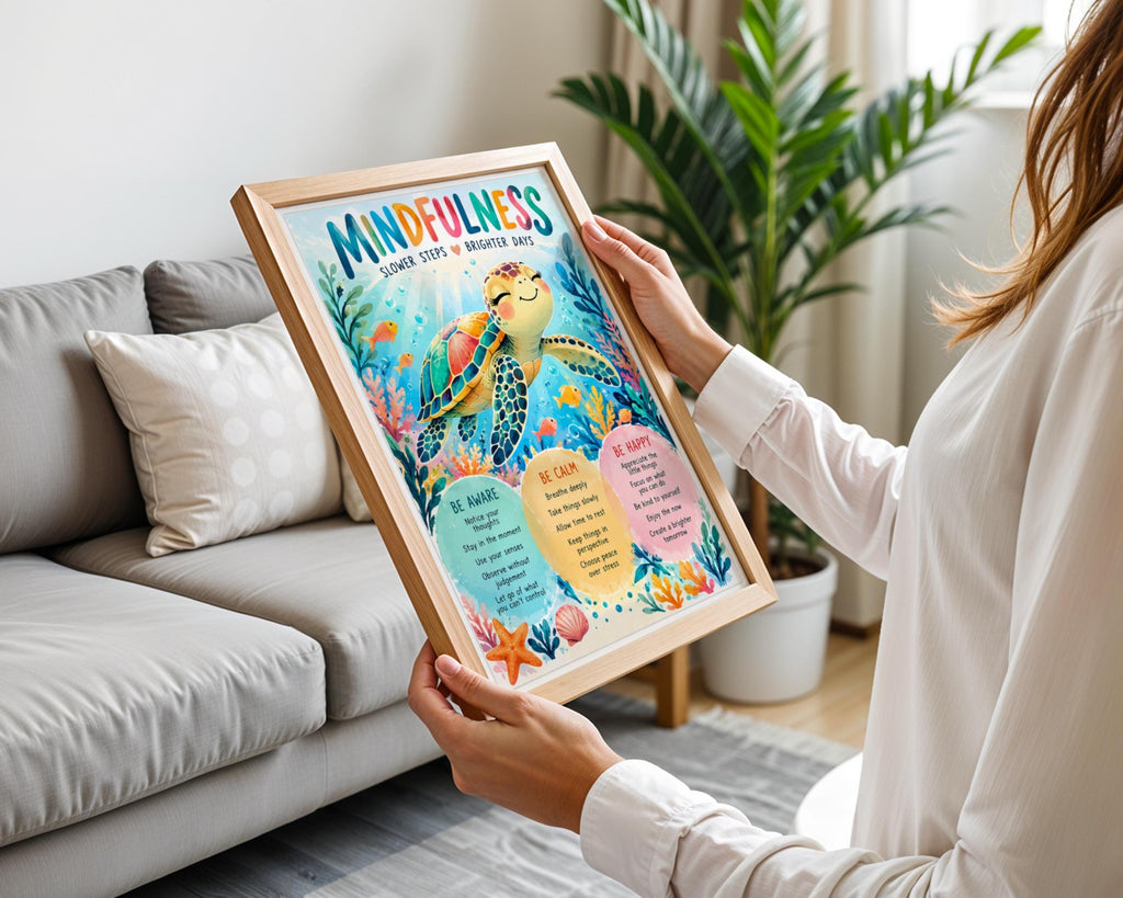 Mindfulness Sea Turtle Poster, Colourful Ocean Wall Art, Kids Calm Corner Print