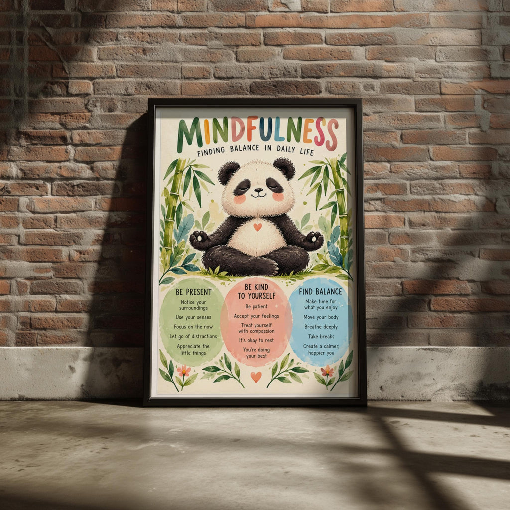 Mindfulness Panda Poster, Cute Meditation Wall Art, Kids Calm Corner Print, Wellbeing