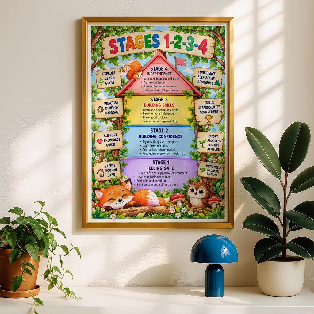 Woodland Stages 1-4 Child Development Poster, Classroom Growth Mindset Wall Art Print