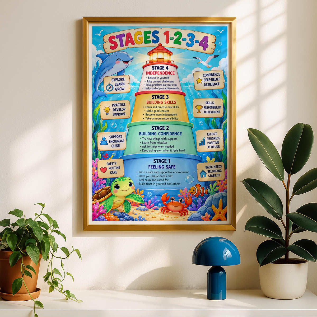 Stages 1-2-3-4 Ocean Classroom Poster, Child Development Growth Mindset Wall Art Print