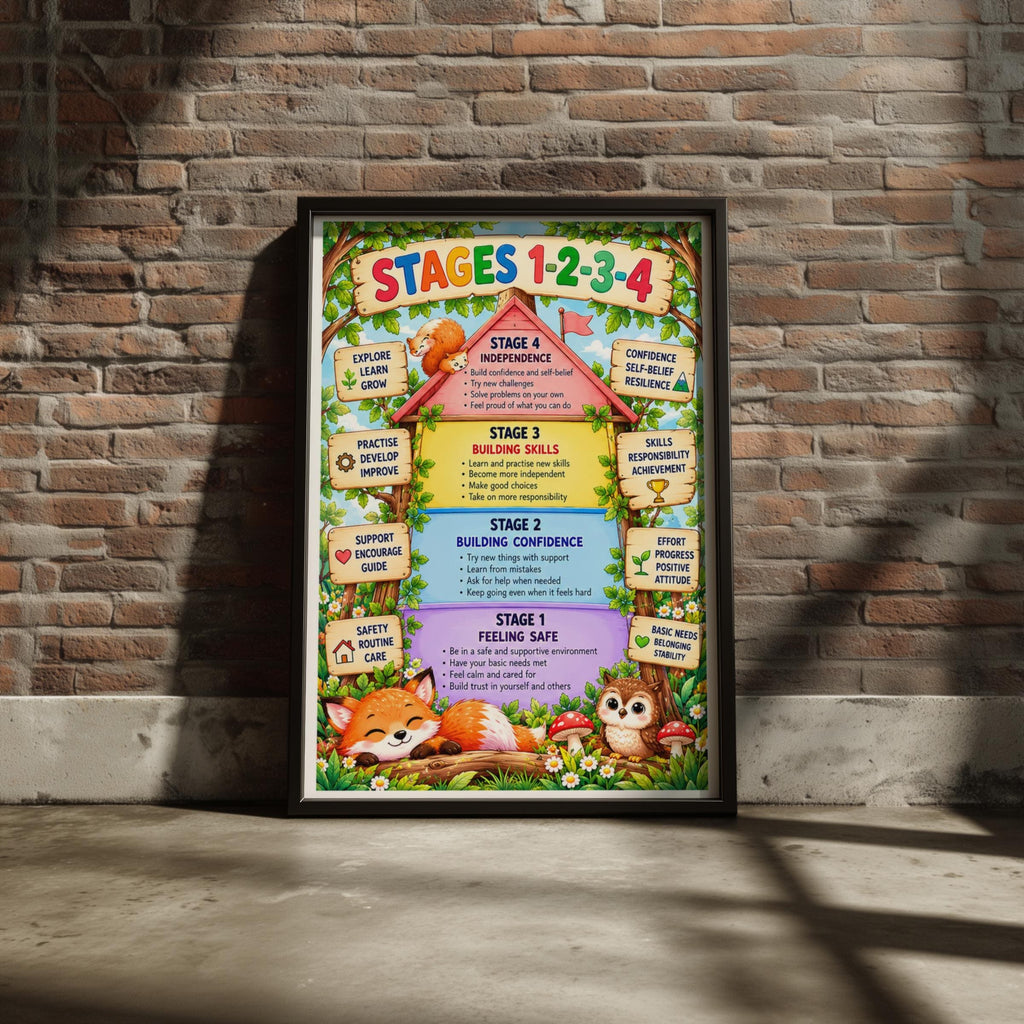 Woodland Stages 1-4 Child Development Poster, Classroom Growth Mindset Wall Art Print