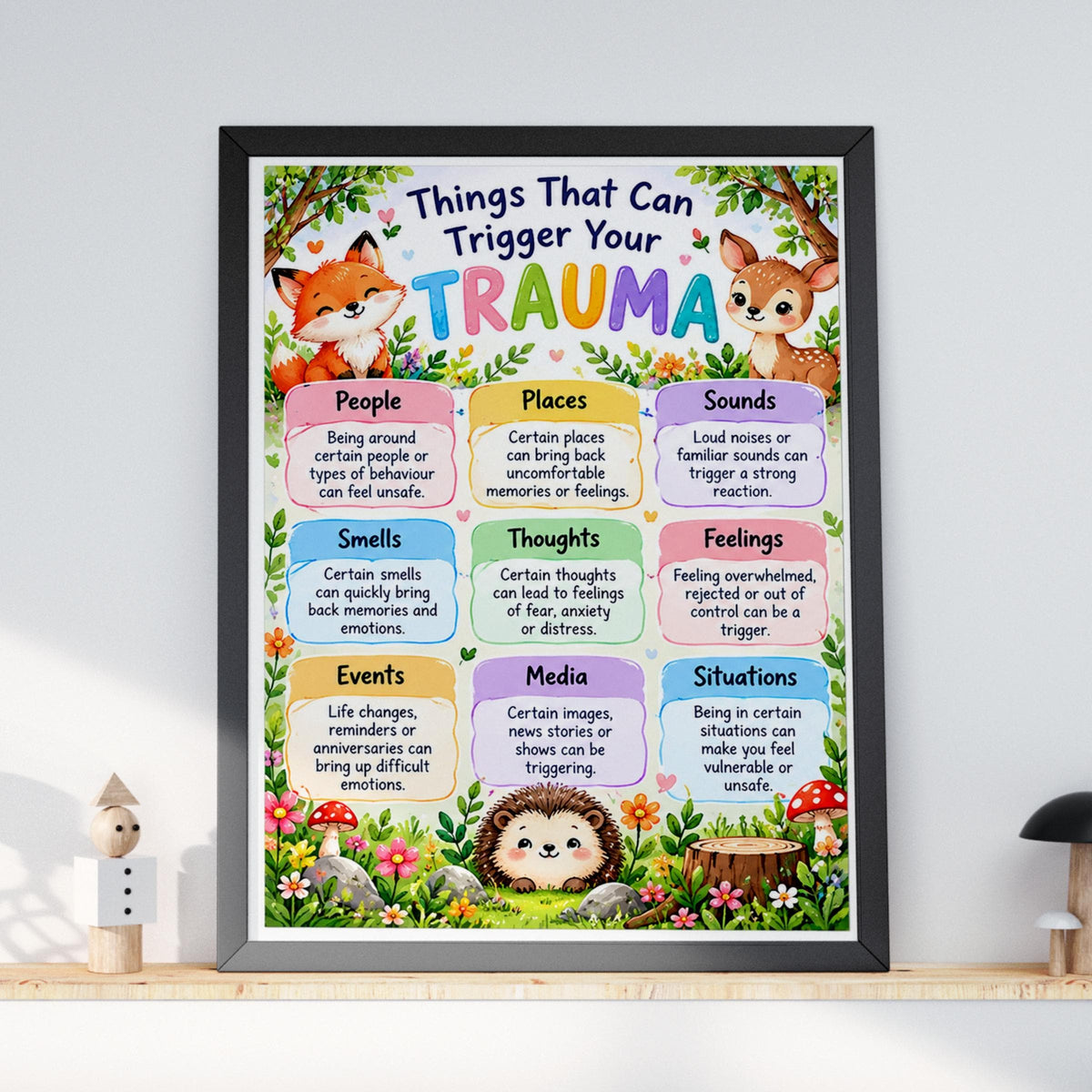 Trauma Triggers Poster, Mental Health Wall Art, Woodland Animals Therapy Print, Counselling