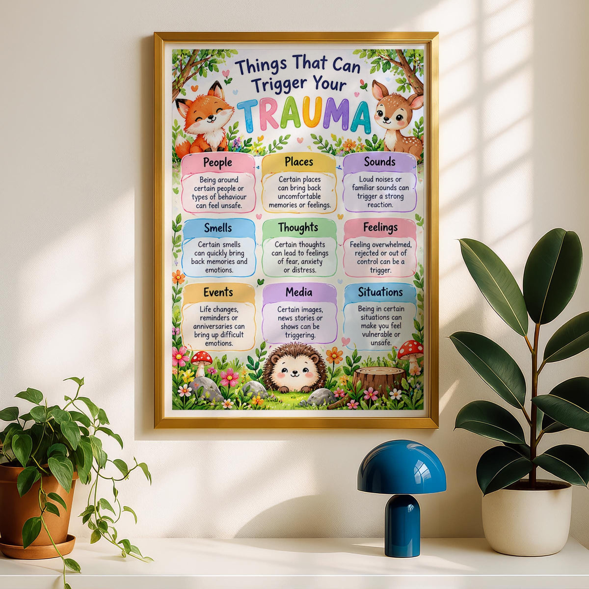 Trauma Triggers Poster, Mental Health Wall Art, Woodland Animals Therapy Print, Counselling