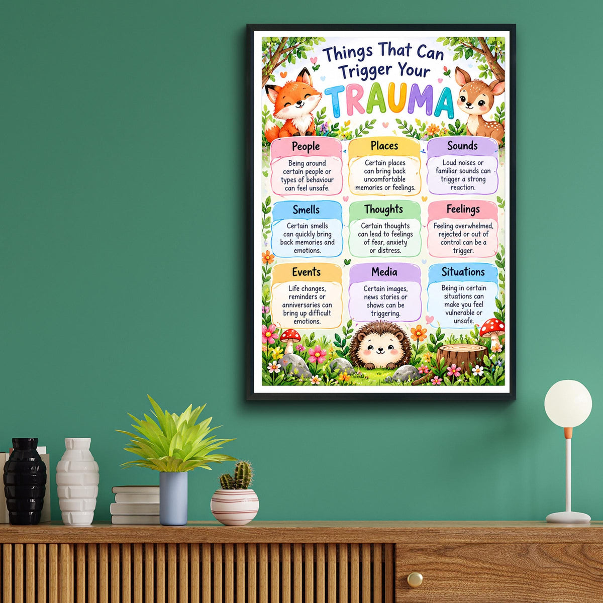 Trauma Triggers Poster, Mental Health Wall Art, Woodland Animals Therapy Print, Counselling