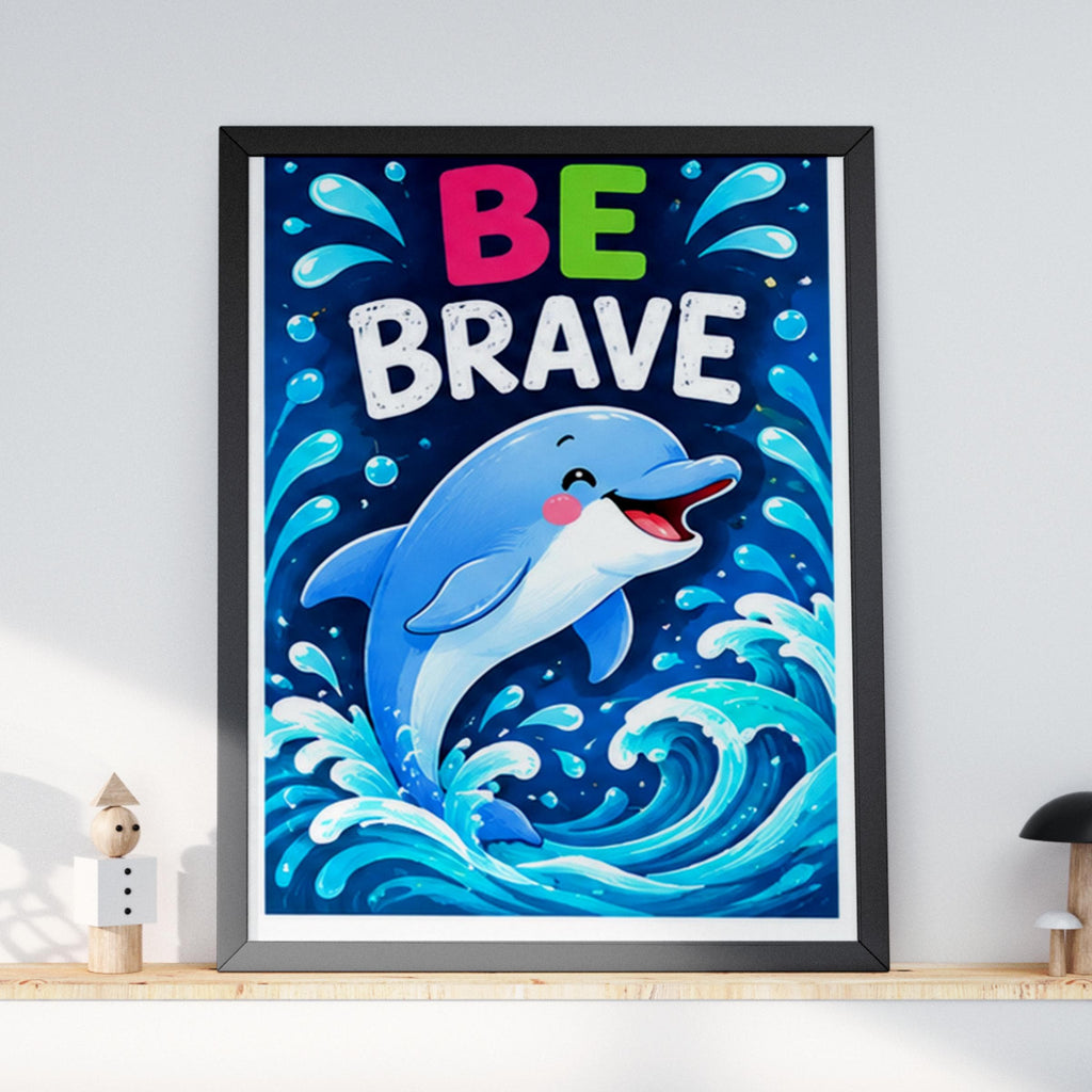 Be Brave Dolphin Poster, Cute Ocean Animal Wall Art, Kids Bedroom Nursery Print, Blue Sea Waves