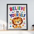 Believe In Yourself Lion Poster, Cute Nursery Wall Art, Kids Room Motivational Quote Print, Playroom