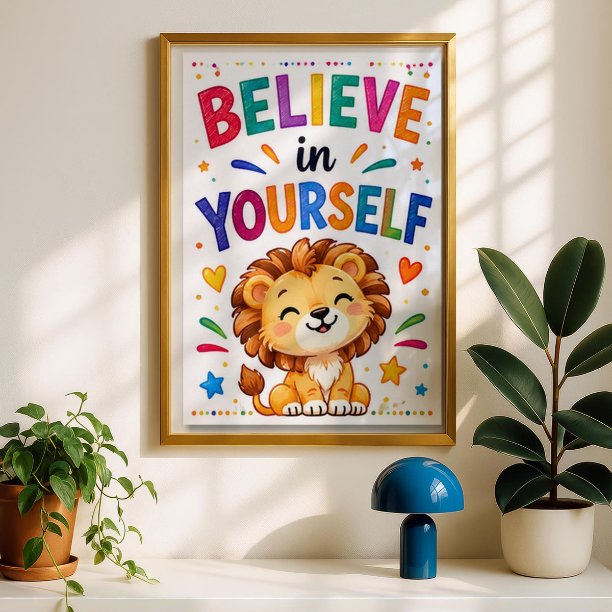Believe In Yourself Lion Poster, Cute Nursery Wall Art, Kids Room Motivational Quote Print, Playroom