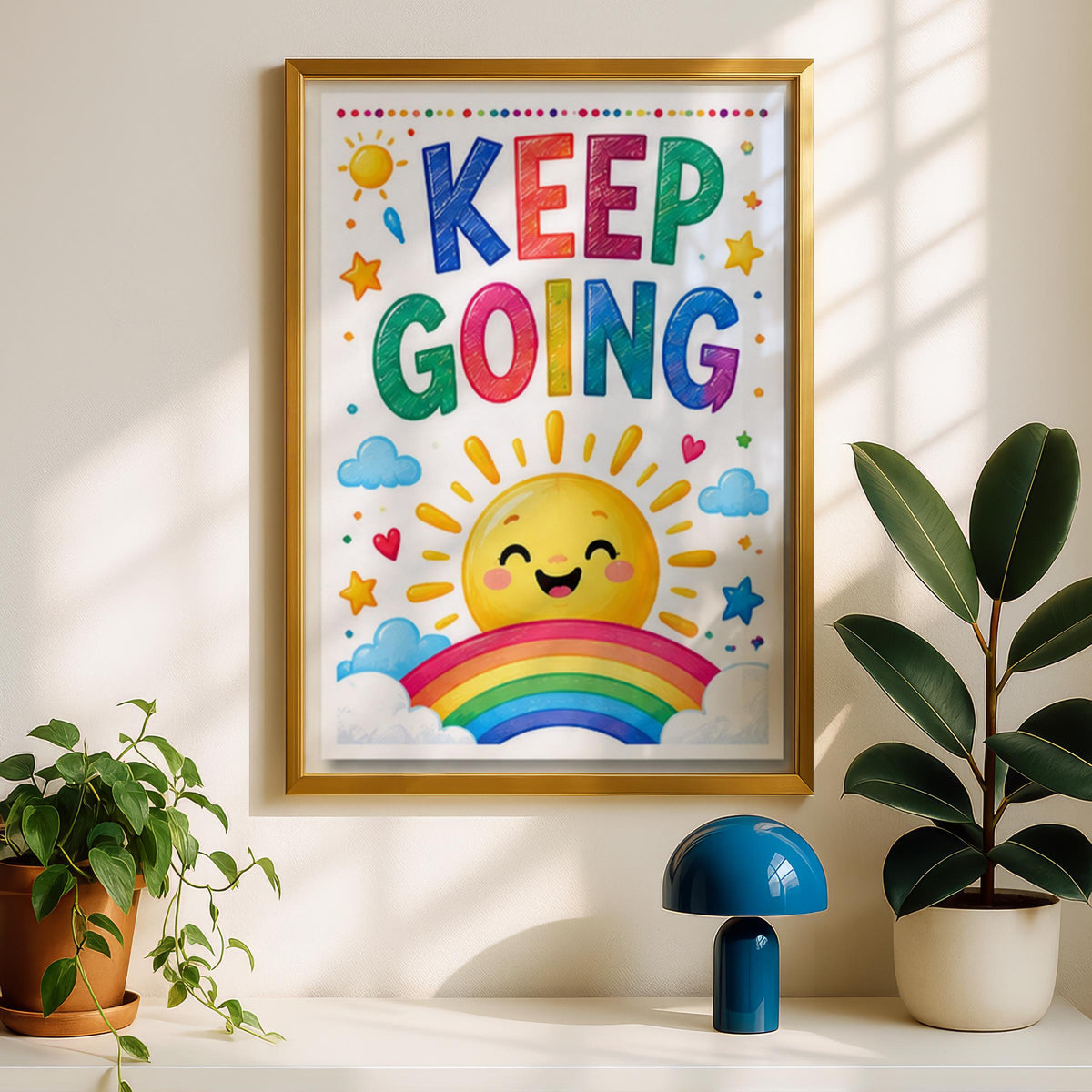 Keep Going Poster, Smiling Sun Rainbow Nursery Wall Art, Colourful Kids Room Positive Quote Print