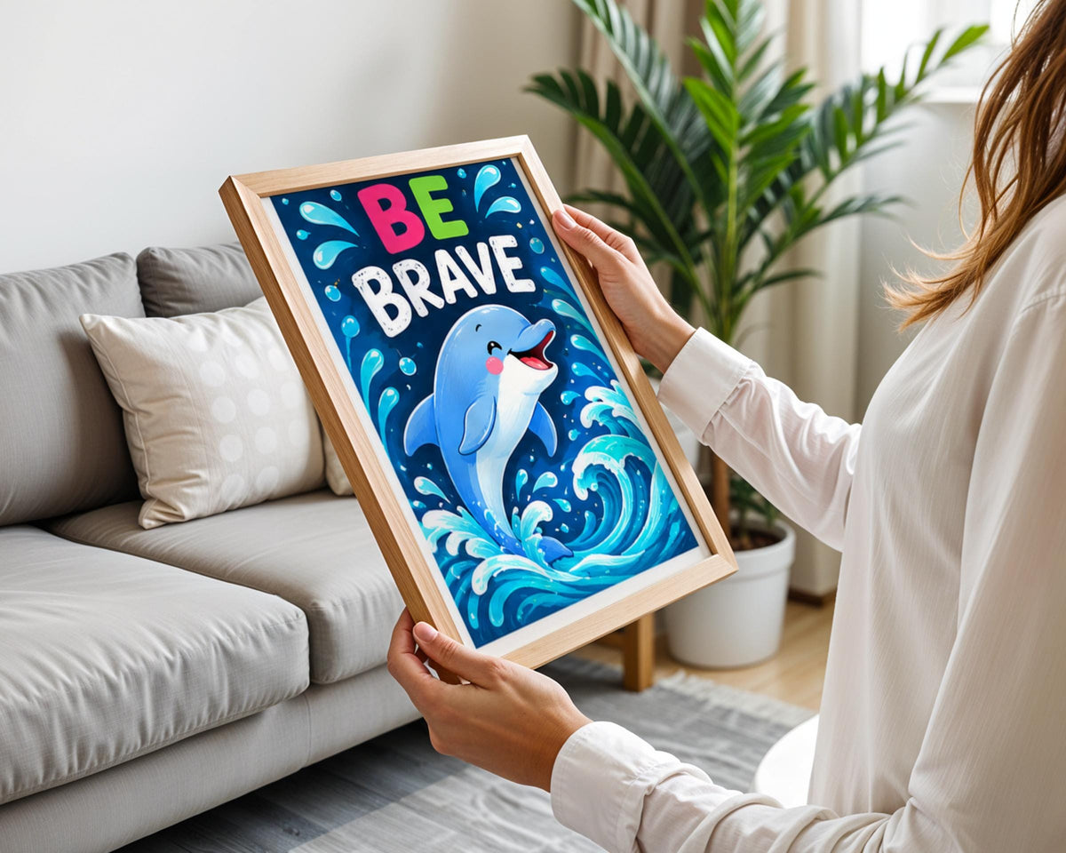Be Brave Dolphin Poster, Cute Ocean Animal Wall Art, Kids Bedroom Nursery Print, Blue Sea Waves
